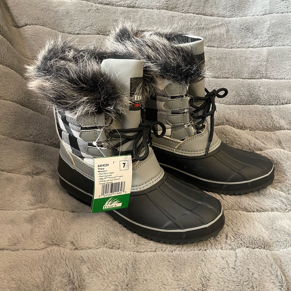 Itasca Black Grey Plaid Faux-Fur Winter Snow Boots